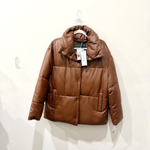 NWT Bagatelle.NYC Oversize Faux Leather Puffer Jacket Cognac Brown Womens Size S - Picture 3 of 8